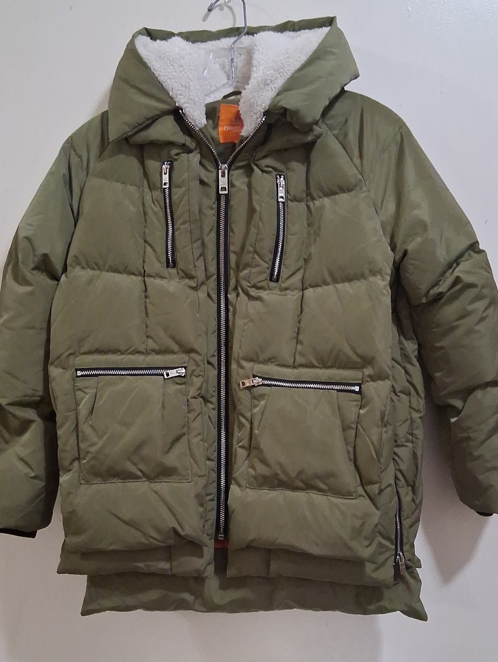 Orolay Kids Olive Green Sherpa-Lined Puffer Jacket with Zipper Pockets 11/12